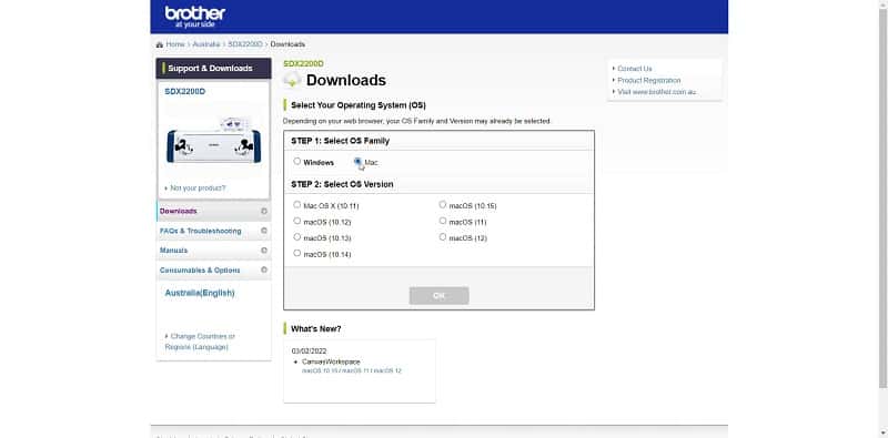 Brother Scan N Cut support site where you choose your operating system for the software download