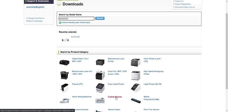 Brother support site showing the search bar to type your model of Scan N Cut in to gain support in updating your firmaware