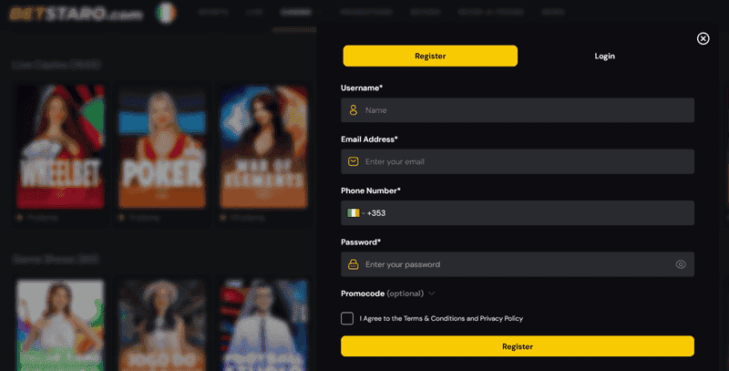 Betstaro Sign Up Form 