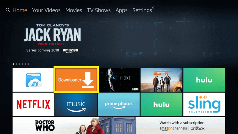 Écran Amazon Fire TV avec le bouton Téléchargeur en surbrillance.