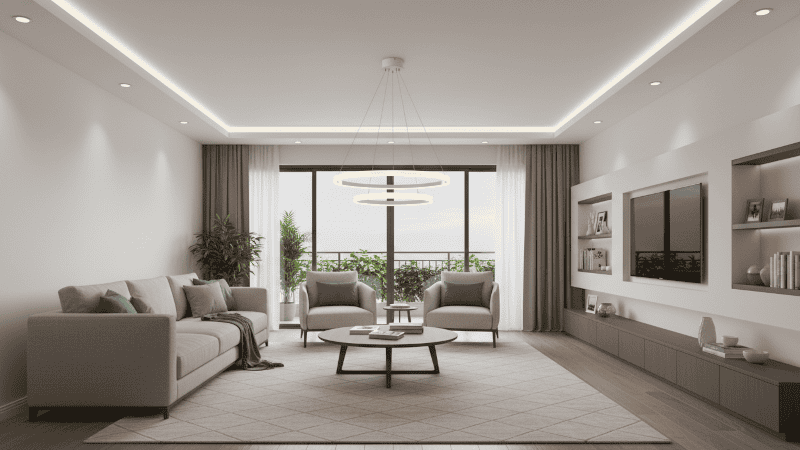 ứng dụng đèn thả trần 2 vòng tròn 1 line trắng DT5103-2