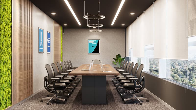Thiết kế chiếu sáng phòng họp bằng đèn thả trần, đèn hộp và đèn downlight
