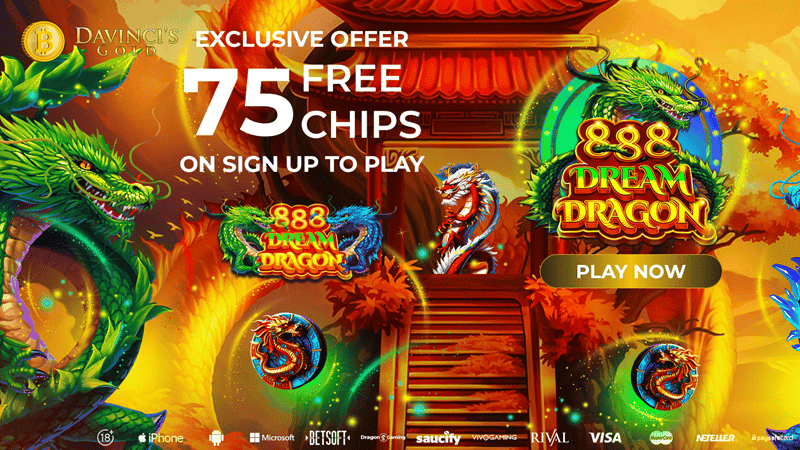 Claim $75 free chips on registration at Davincis Gold Online Casino 