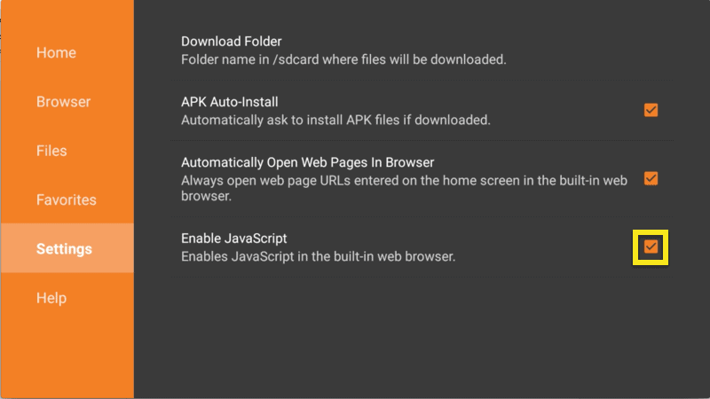 Downloader settings screen with Enable JavaScript box highlighted.