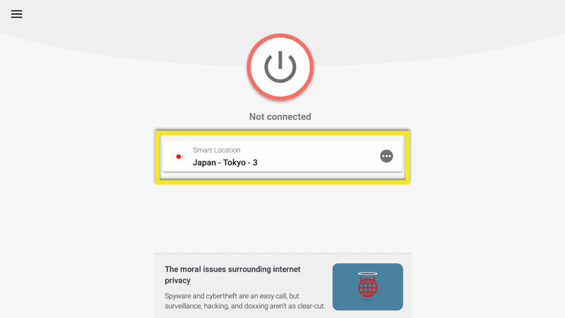 Open the location picker for ExpressVPN on Nvidia Shield.
