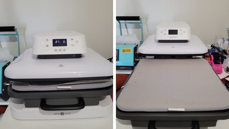 HTVRont Auto Heat Press showing it closed and with the slide out press draw pulled open.
