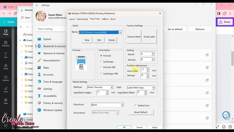 Altering the print settings of the Munbyn print driver including the vertical and horizontal adjustments. 