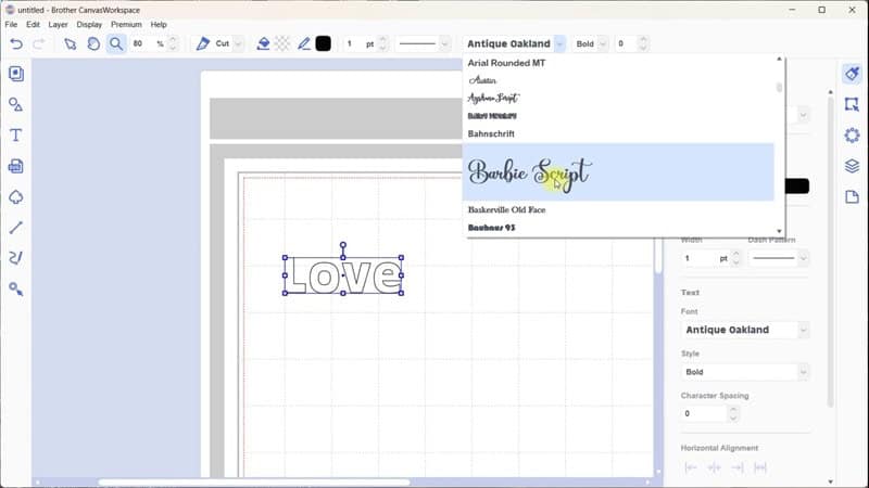 Adding the text in Canvas Workspace downloaded version and changing the font to Barbie Script. To add glyphs in Canvas Workspace, you need to choose a font that has glyphs invcluded as not all script fonts have glyphs.