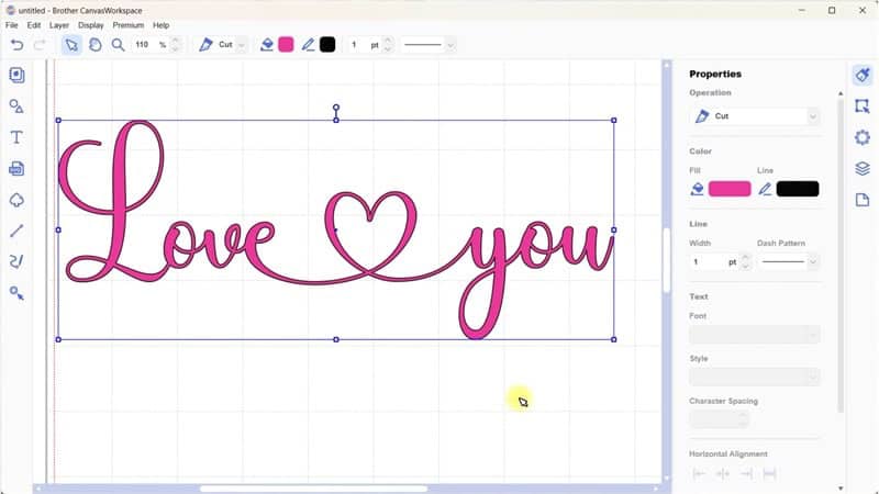 Finished Love You wording with colour added and the pretty pink heart glyph located between the Love and you.