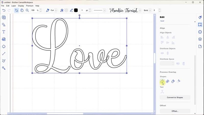 Cut view of the font Barbie Script from Creative Fabrica prior to welding the letters together. Shows the areas that would cut out from the next letter