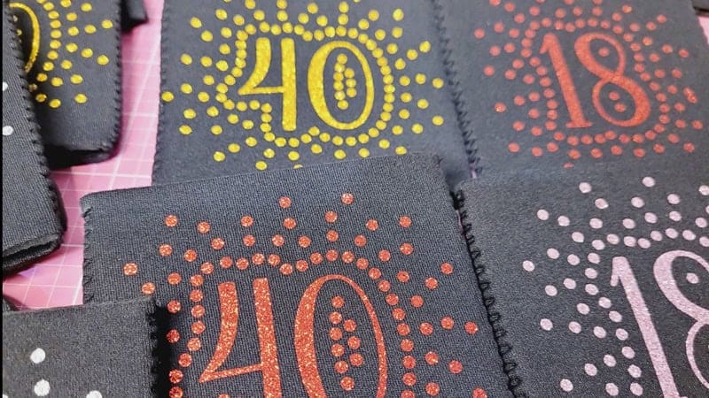 Some of the finished Koozies with the HTV Rhinestone look alike design on them.
