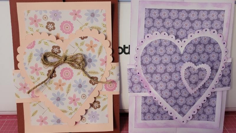 Two of the Front Panelled Gatefold Heart Cards showing different embellishments and color choices