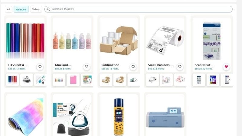 Picture of my Amazon Storefront featuring my favorite HTV, ScanNCut accessories, favorite glues and embroidery items to name a few