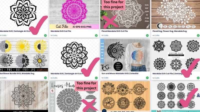 Creative Fabrica showing multiple Mandala designs. Ticks are next to designs that are suitable for resizing for this project and a cross next to the designs that are too fine for substantial resizing. These designs were ideal for the ScanNCut Vinyl Cutting Tutorial
