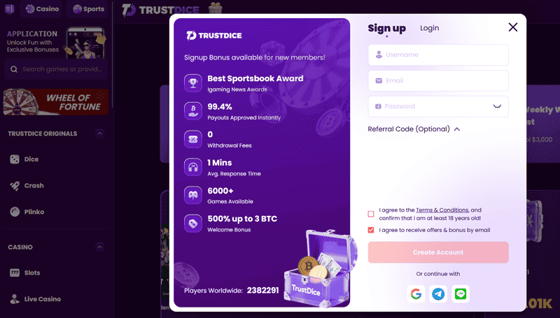 TrustDice Registering Form 