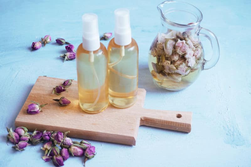 Finished rose water in a spray bottle.