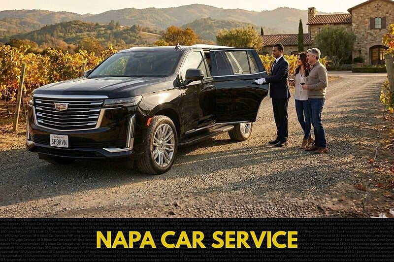 SFDriven chauffeur opening the door of a black Cadillac Escalade for a couple at a vineyard. Text overlay reads: Napa Car Service.