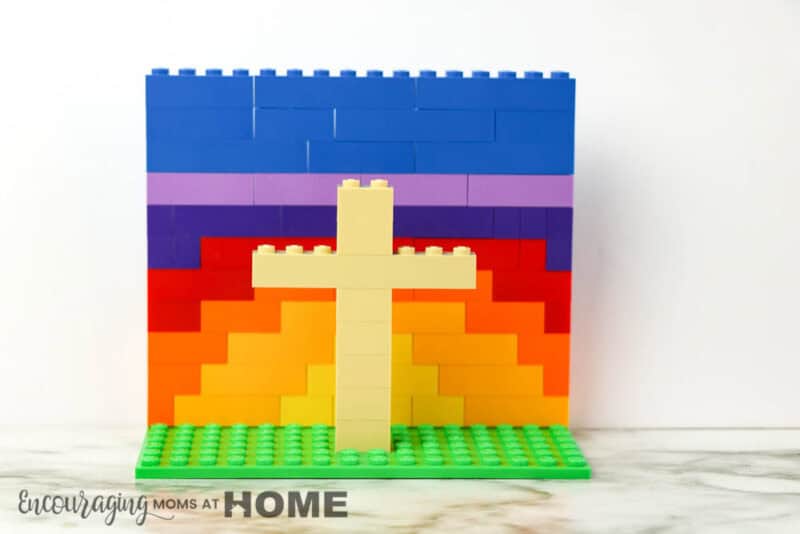 Completed rainbow LEGO Easter Cross.