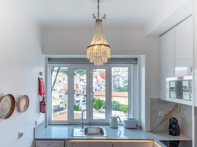 kitchen with a view of the city skyline