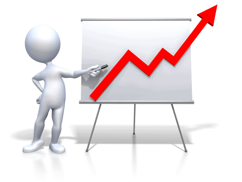 A 3D trader pointing at a whiteboard displaying a growth chart.