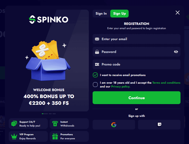Register your account with Spinko Online Casino and Sports Betting 