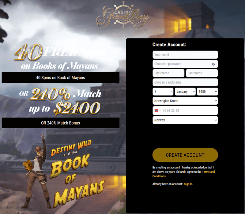 Register at Casino Grand Bay and get your free spins without a deposit! 