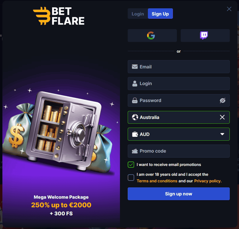 Betflare Welcome Bonus on registration 