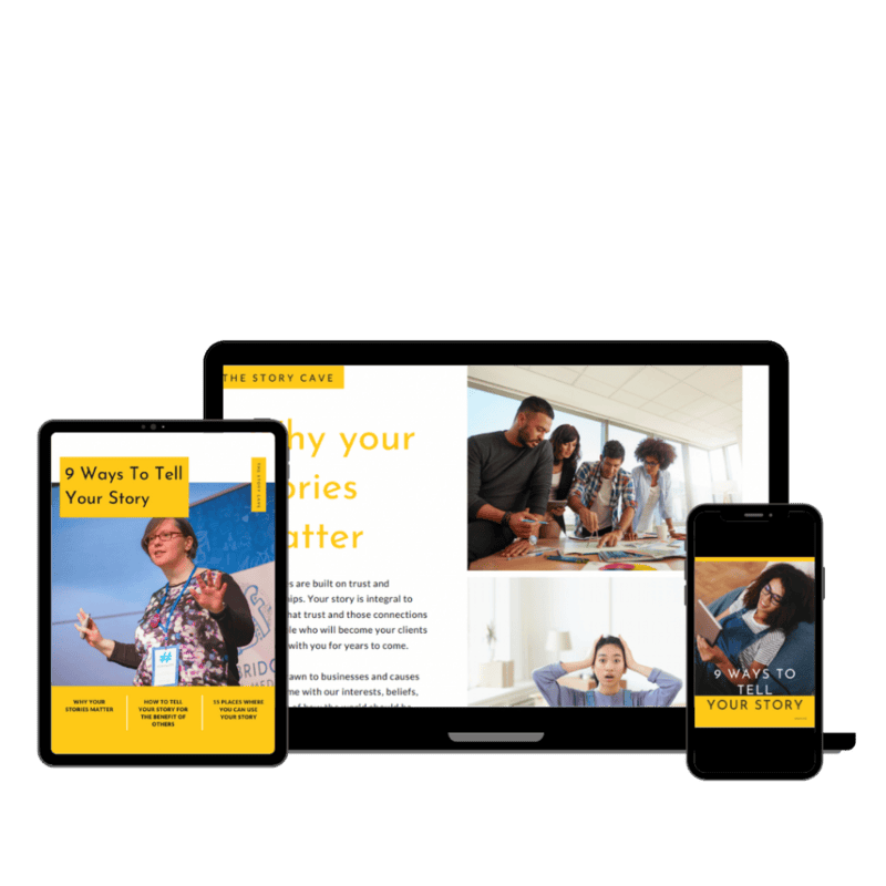 Mock up showing pages from 9 Ways To Tell Your Story on laptop, tablet and smartphone screens