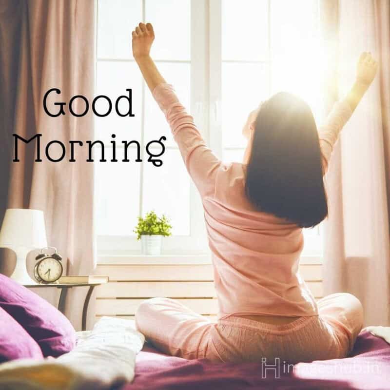 happy morning sunrise girl saying good morning