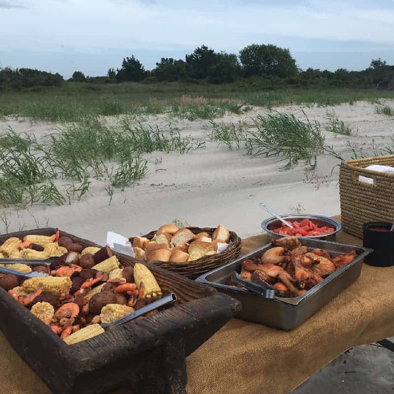 Dinner buffet on the beach. Private charter boat Charleston SC