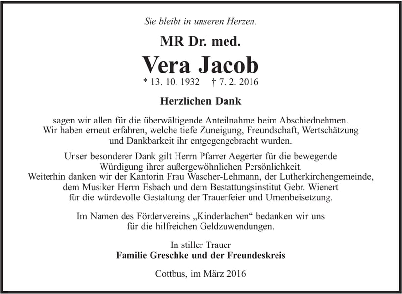 Danksagung Dr. med. Vera Jacob