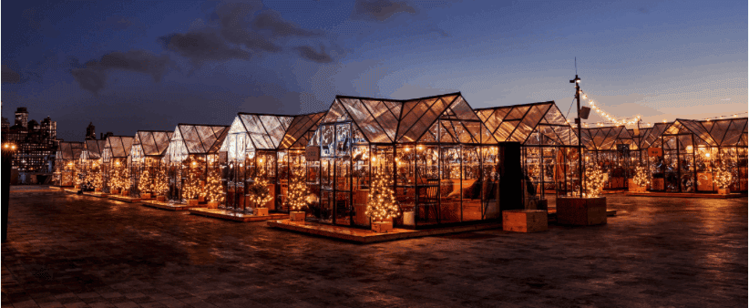 Square glass igloos offer warmth, views and socially distant dining on the roof of nyc's south street seaport