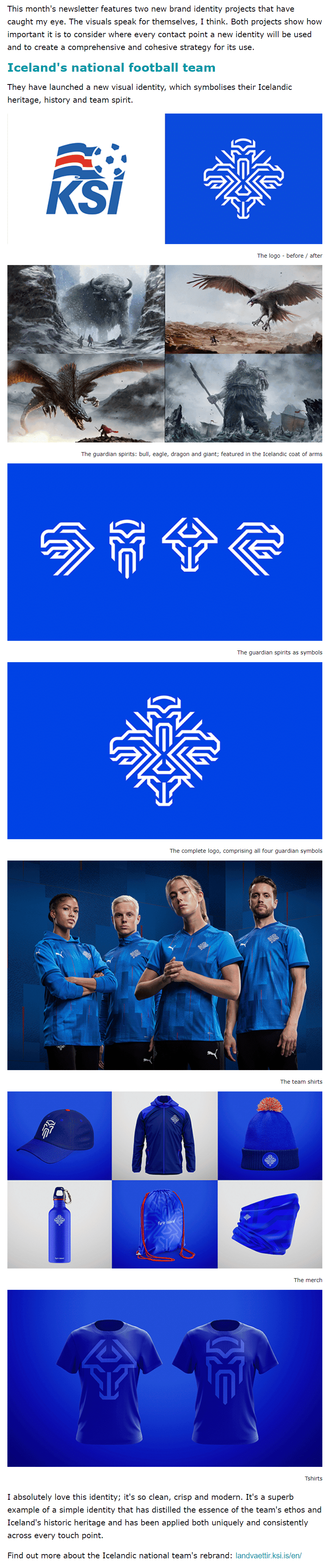 Excerpt from Karen Arnott's newsletter showing the Icelandic football team's visual identity