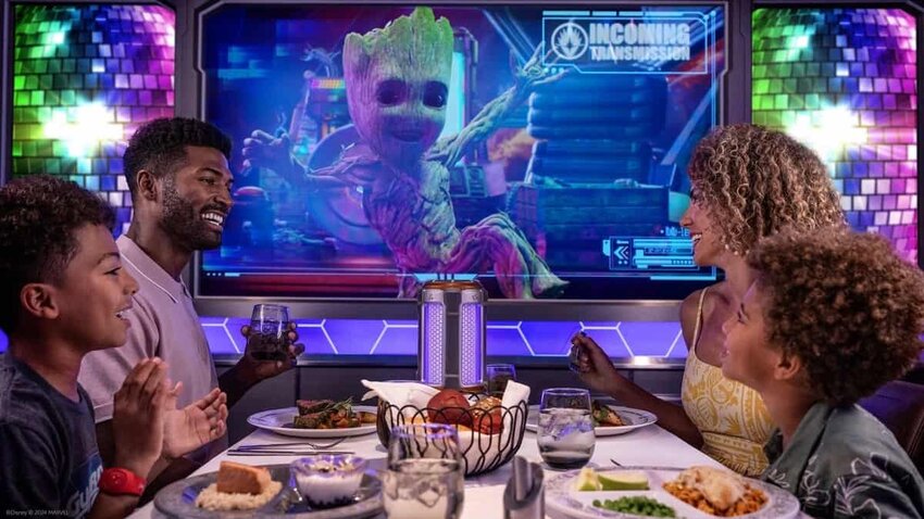 Disney Treasure Worlds of Marvel Marvel Celebration of Heroes: Groot Remix will begin as diners partake in a celebration honouring the many Super Heroes who keep the world safe