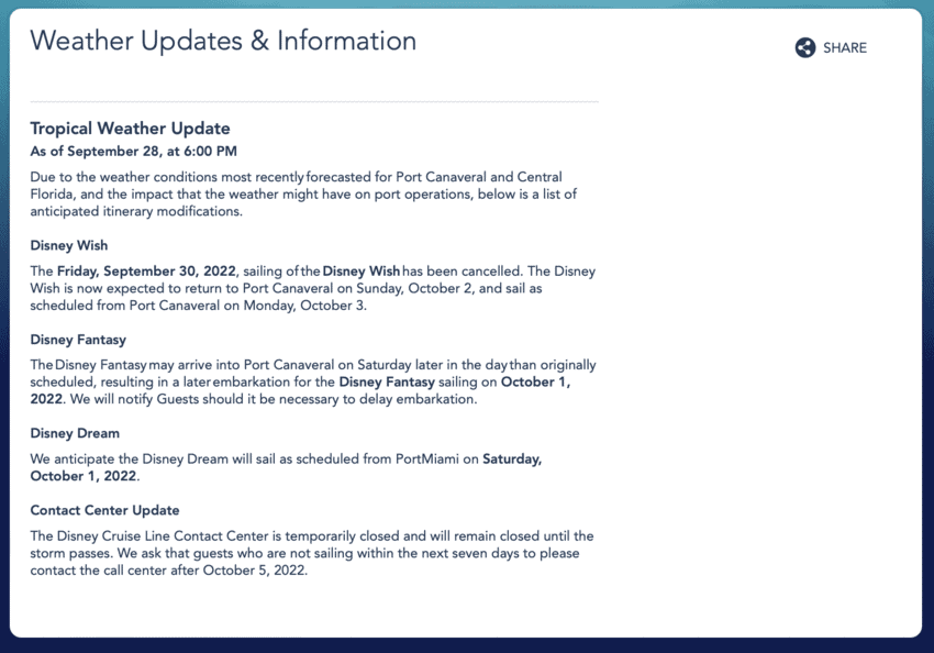 Disney Cruise Hurricane Ian Update