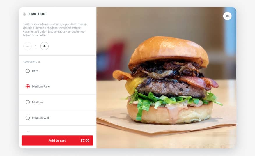 Modal UI of ordering experience from Little Big Burger