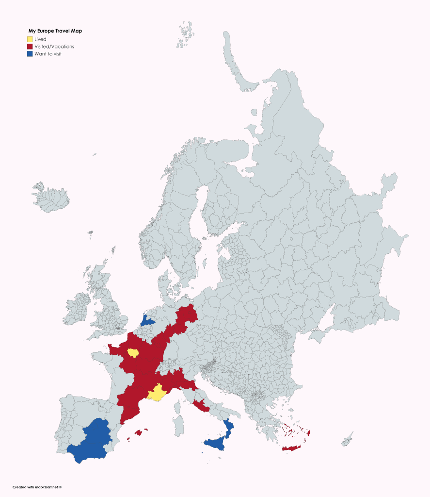 Travel map based on Europe's provinces/counties.