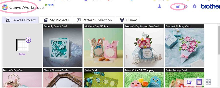 The online version of Canvas Workspace showing the free Brother Scan N Cut projects and how to access them.