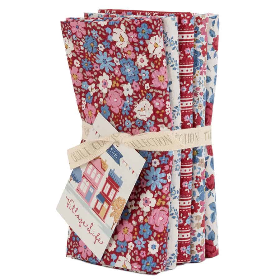 Tilda Village Life Fat Quarter Bundle - Burgundy - 5 Pieces