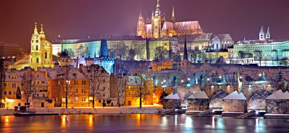 Prague castle district lit up at night