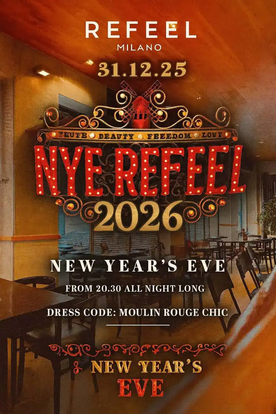 Capodanno Refeel Milano 2026 : cena a buffet e festa con Dj Set