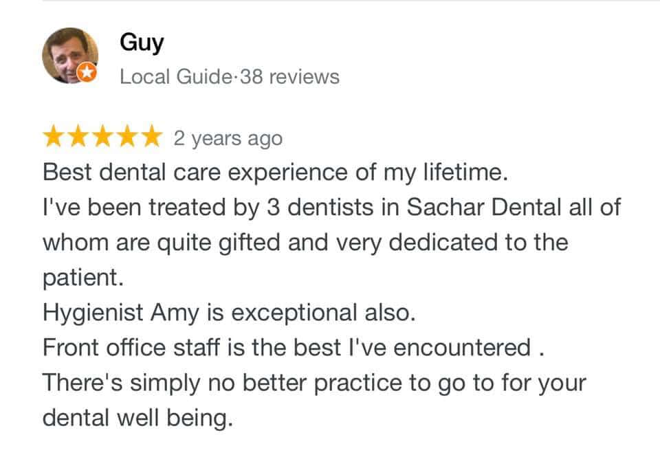 Dentist NYC Picture of a review written by patient of Sachar Dental NYC on Google