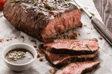 beef top round roast with green peppercorn sauce