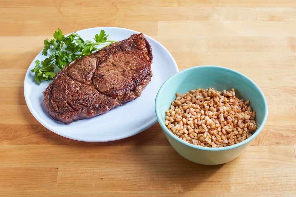 farro grain with black Angus steak