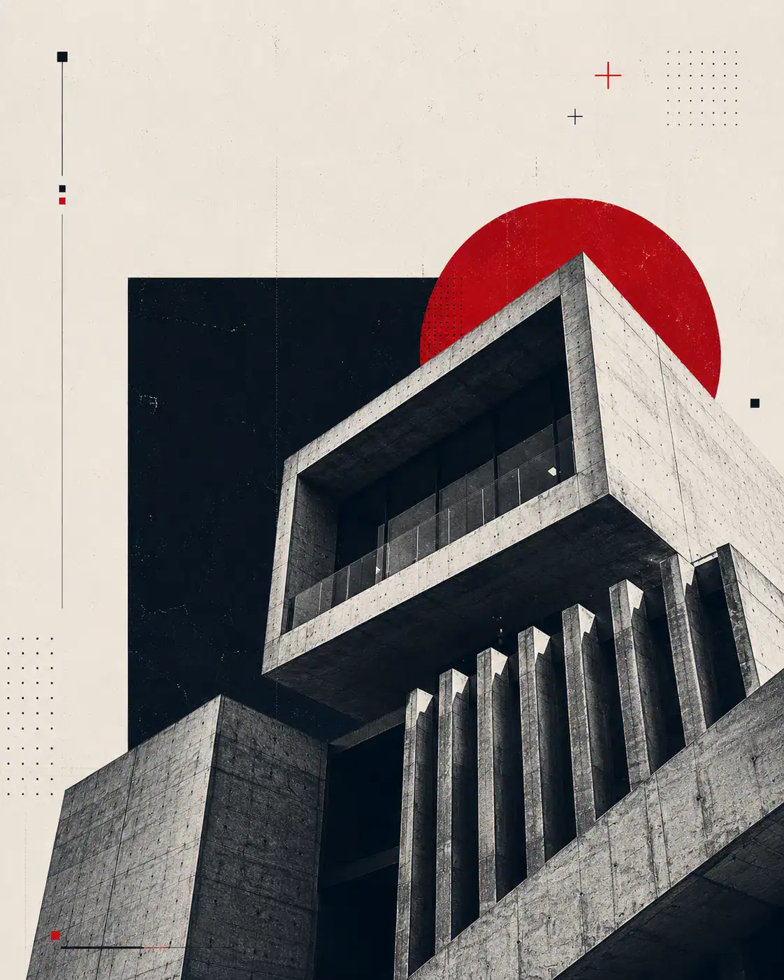 Meta Advantage özellikleri ve Meta Ads Advantage özellikleri için sinyal, kontrol ve büyüme sistemini temsil eden brutalist mimari görsel