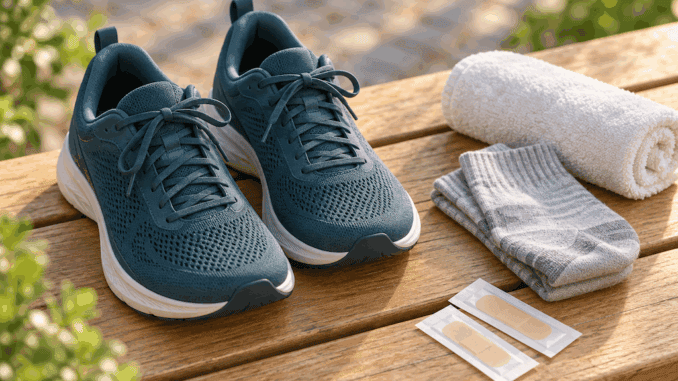 Fusskomfort_Symbolbild_KI Dunkle Sportschuhe, graue Socken, Handtuch und zwei Pflaster auf einer Holzbank; KI-generiertes Symbolbild.