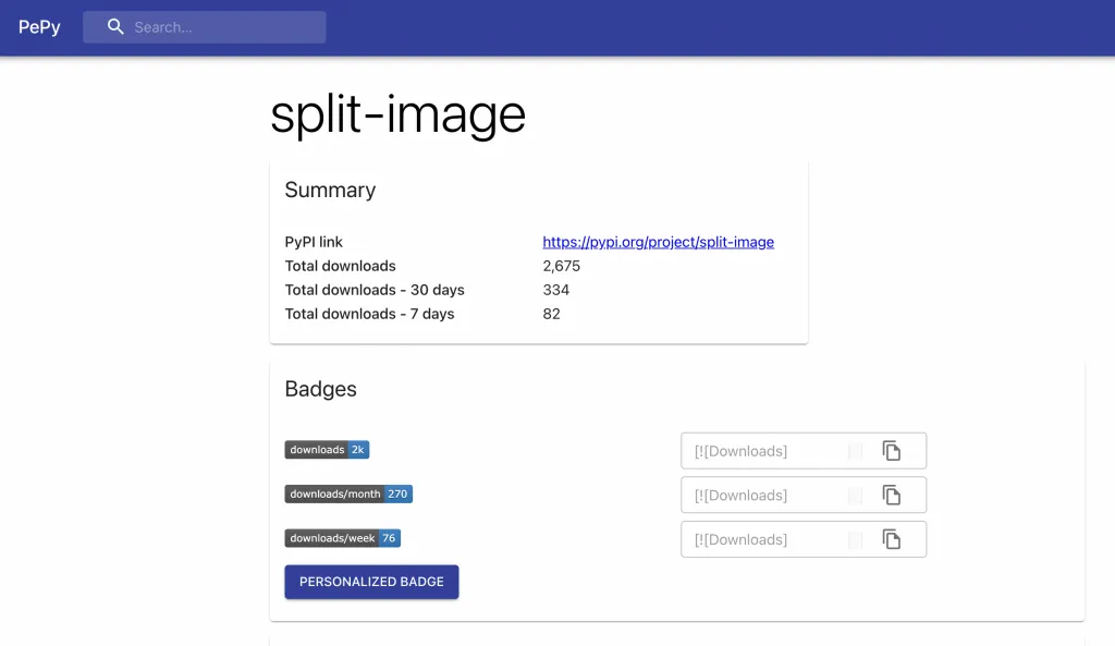 Screenshot showing the split-image package's download stats