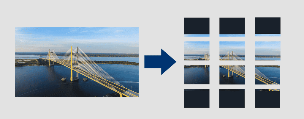 Example of splitting a photo of a bridge into twelve tiles with split-image package