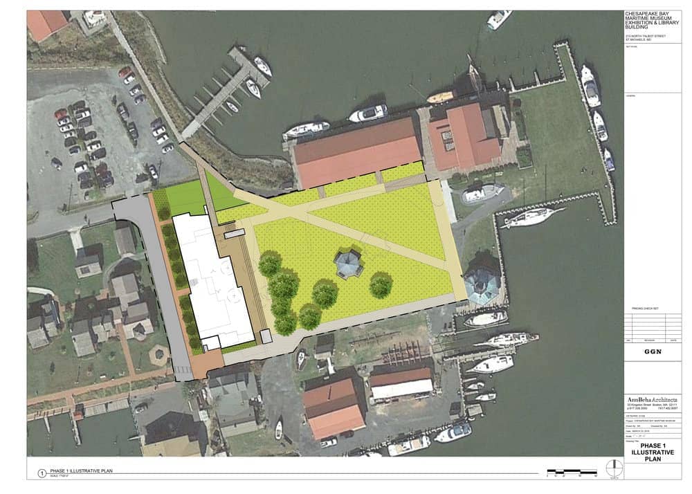 The white shaded portion of this aerial view of the CBMM campus is a rendering of the footprint of the new exhibition/library building. The structure features a shaded porch overlooking the waterfront and the Hooper Strait Lighthouse. Photo: CBMM