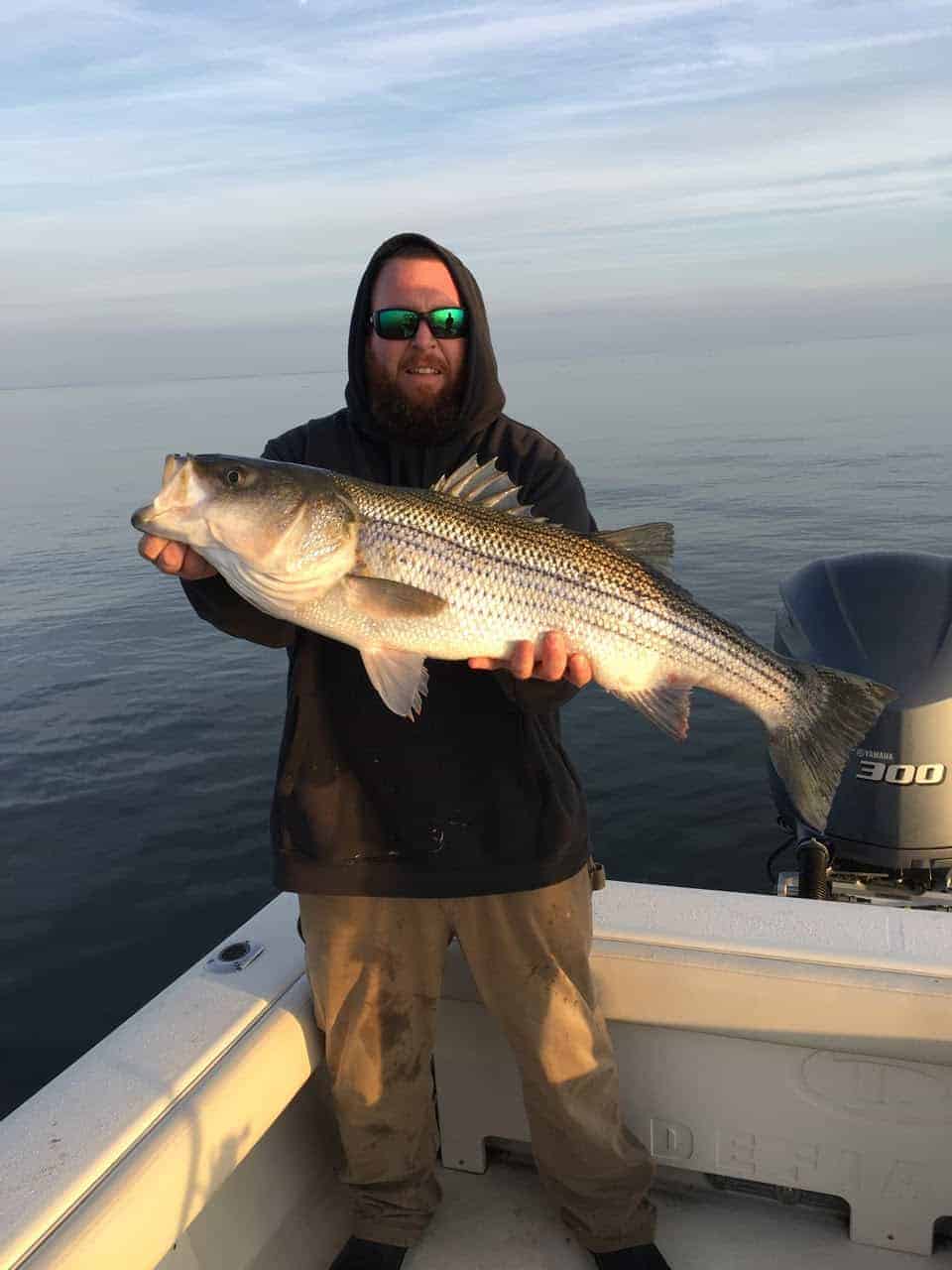 Fishing with Nick Fulford on Nick’s boat Defiance , Chris Lankford, Seaford DE, jigged up this fine rockfish near Hooper's Straits on Sunday. (Photo courtesy of Nick Fulford)